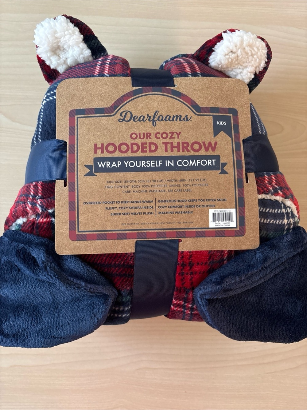 Dearfoams Kids Cozy Hooded Throw - Red Plaid New 32 x 48 Warm Sherpa Hood Plush